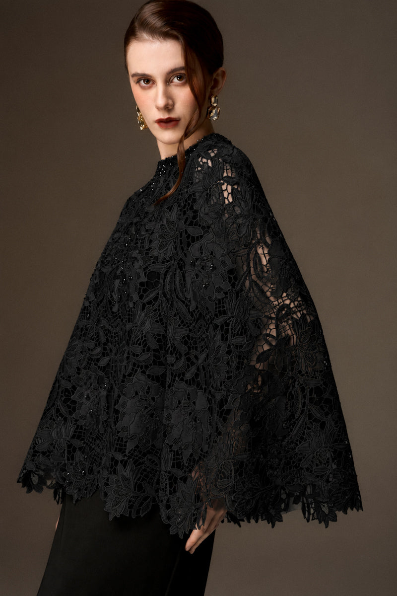 Round Neck Column Gown With Cape In Black Crepe And Black Lily Floral Lace
