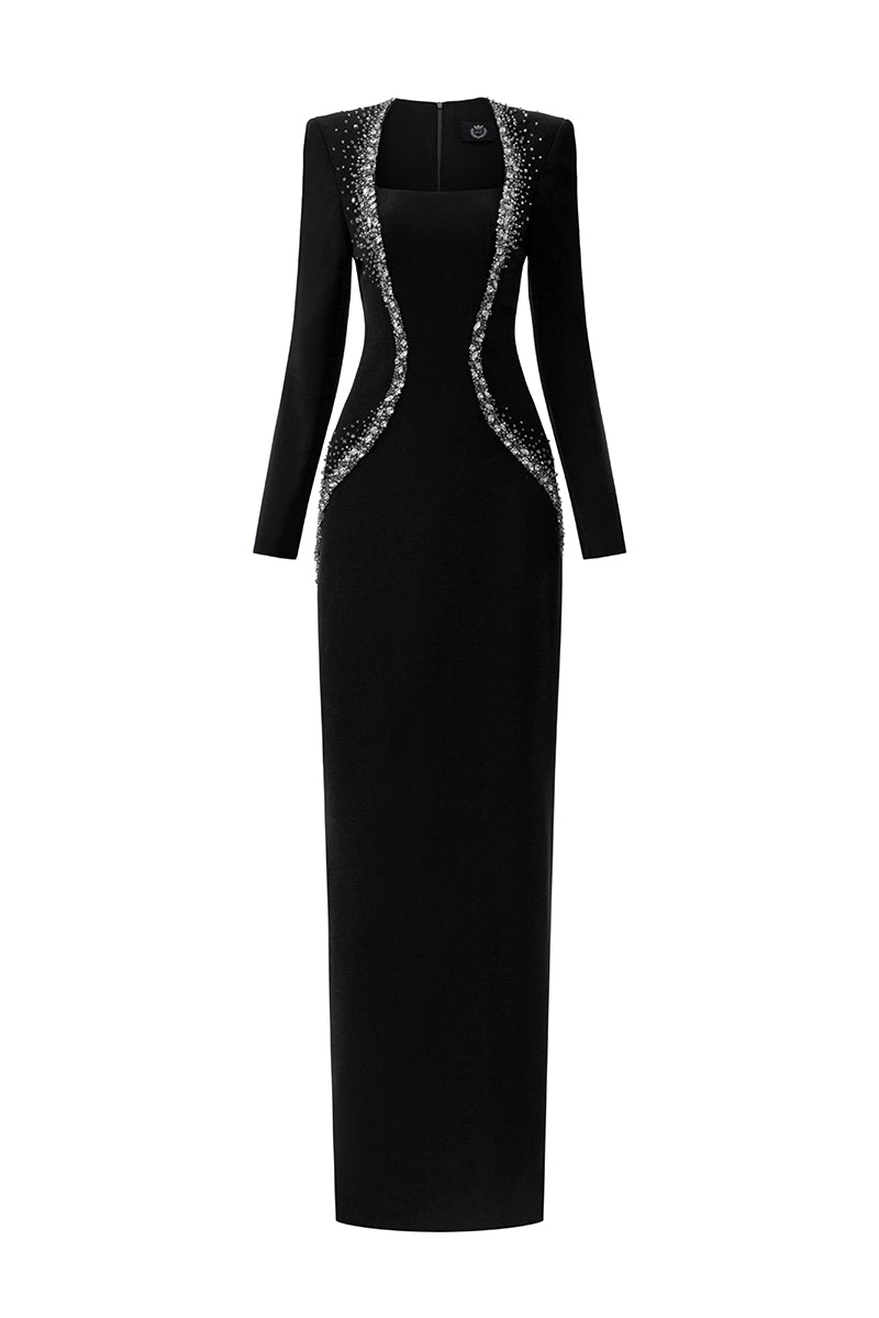 Embellished Trapeze Neck Column Gown With Long Sleeves