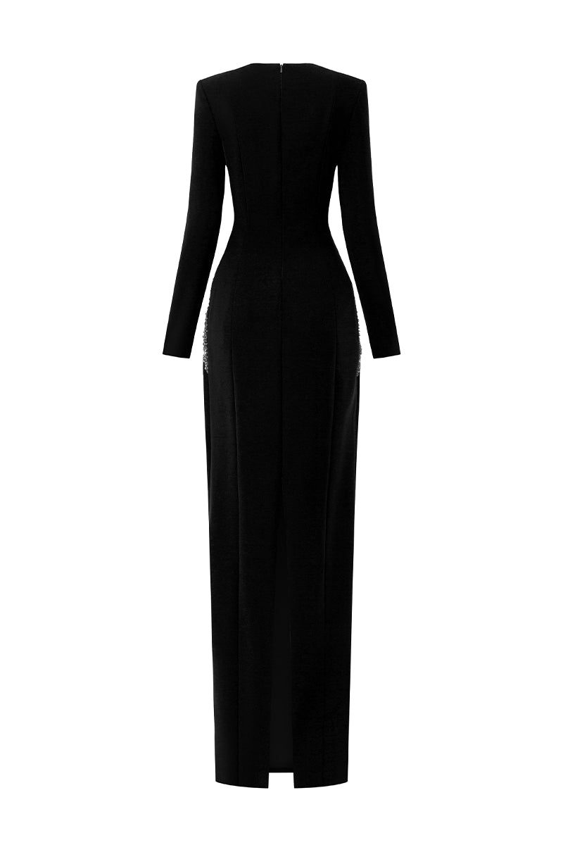 Embellished Trapeze Neck Column Gown With Long Sleeves