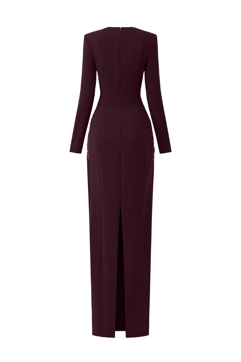 Embellished Trapeze Neck Column Gown With Long Sleeves