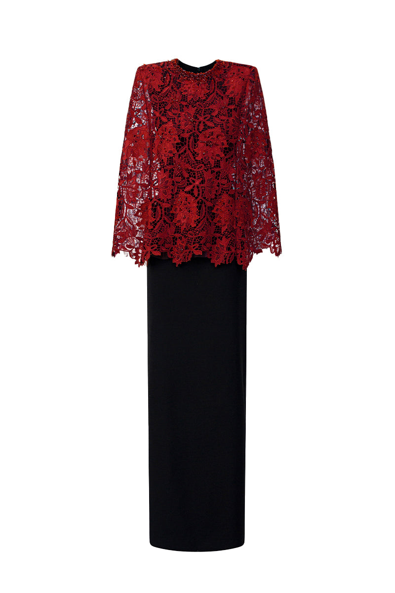 Round Neck Column Gown With Cape In Black Crepe And Dark Red Lily Floral Lace
