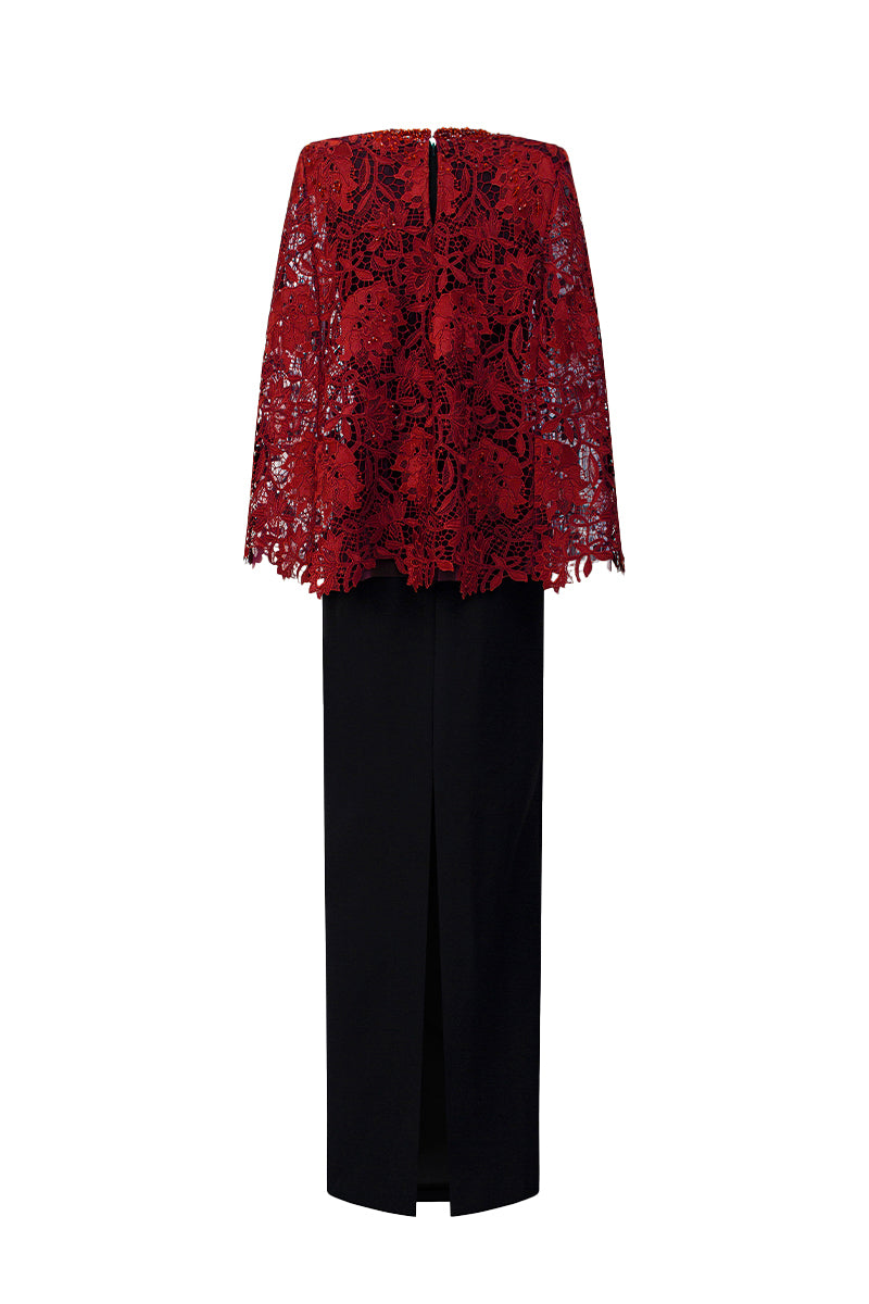 Round Neck Column Gown With Cape In Black Crepe And Dark Red Lily Floral Lace