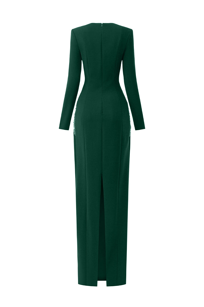 Embellished Trapeze Neck Column Gown With Long Sleeves