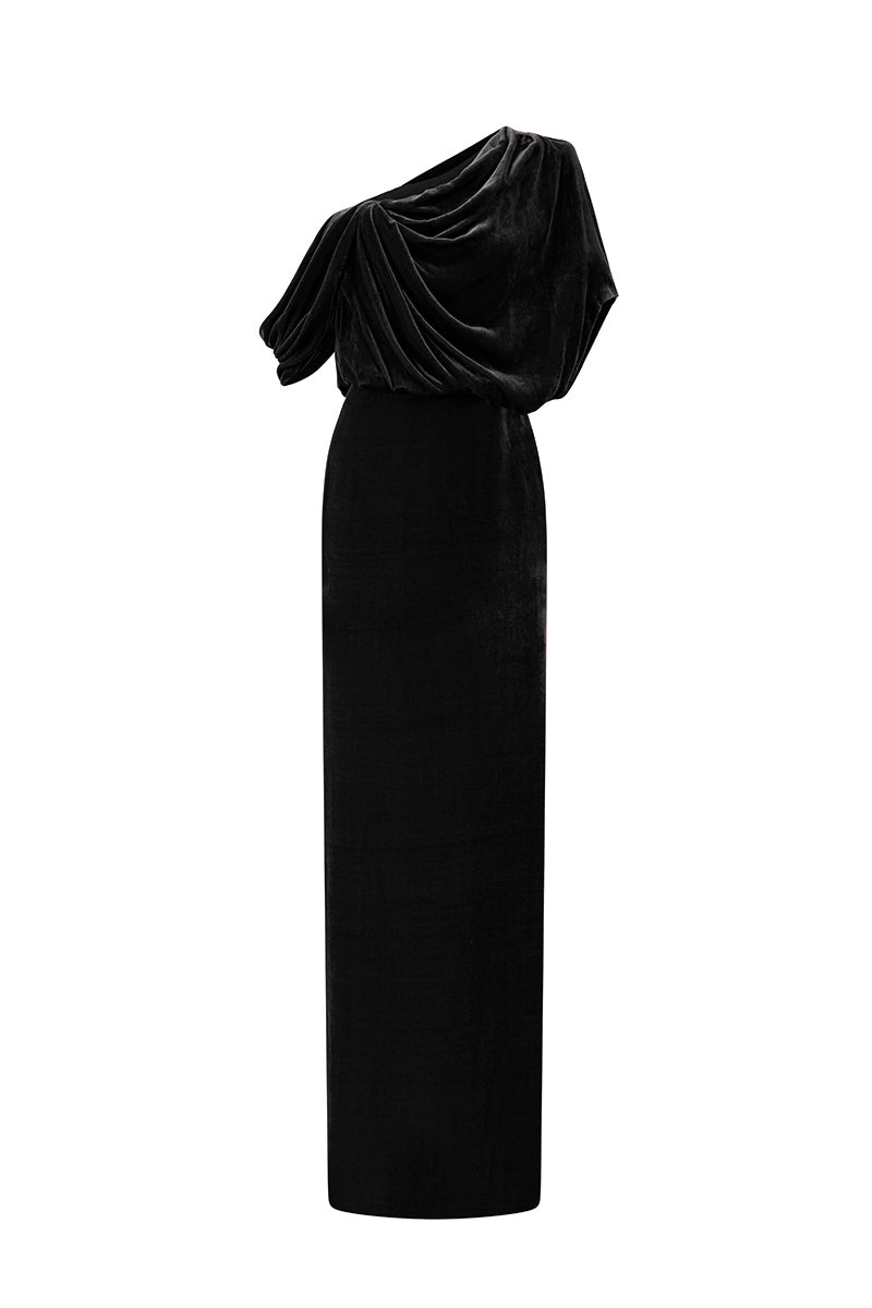 Asymmetric One Shoulder Column Gown With Draped Details In Black Velvet