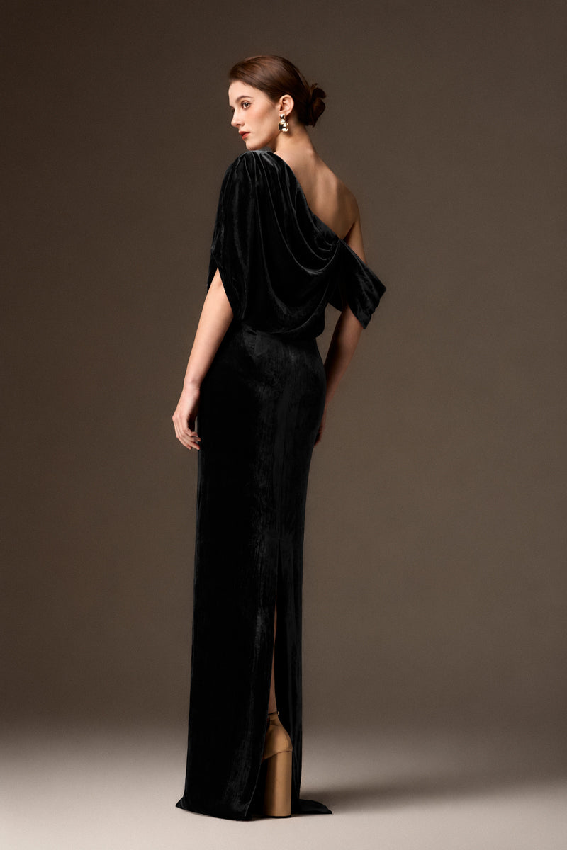 Asymmetric One Shoulder Column Gown With Draped Details In Black Velvet