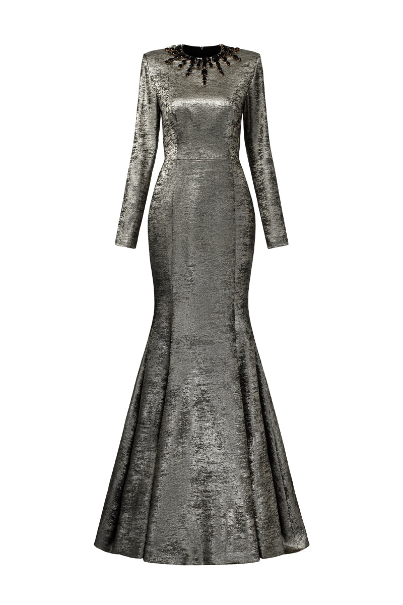 Turtleneck Collar Mermaid Gown With Puff Sleeves