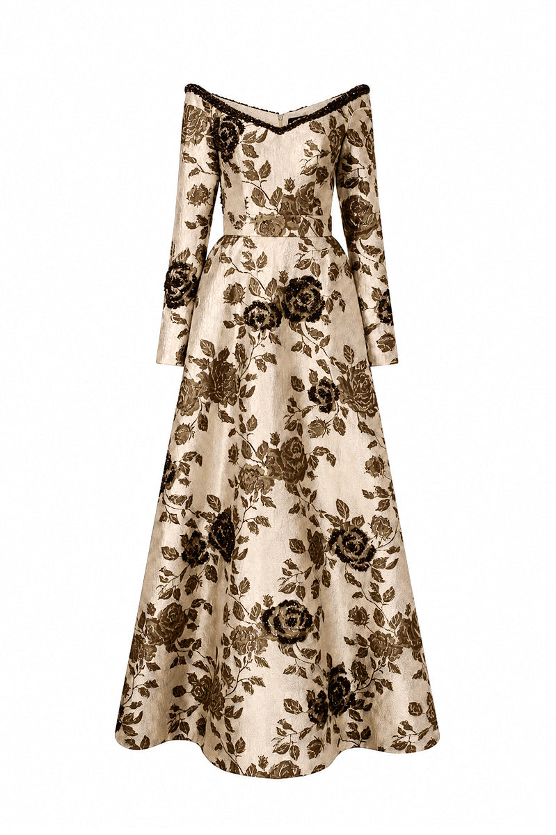 V Neck A-Line Gown With Rose-Shaped Crystal Embellishment In Brown Rose Branch Brocade