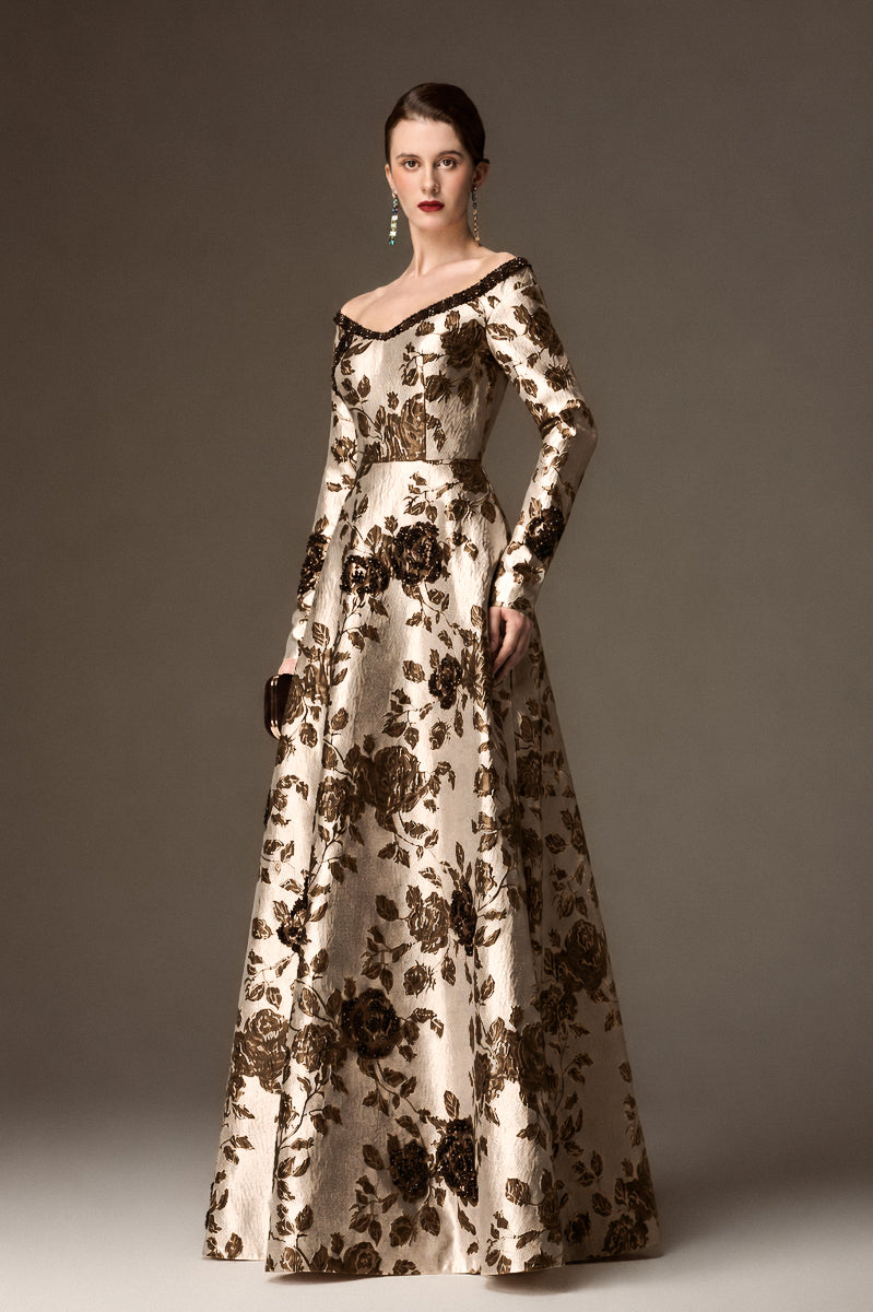 V Neck A-Line Gown With Rose-Shaped Crystal Embellishment In Brown Rose Branch Brocade