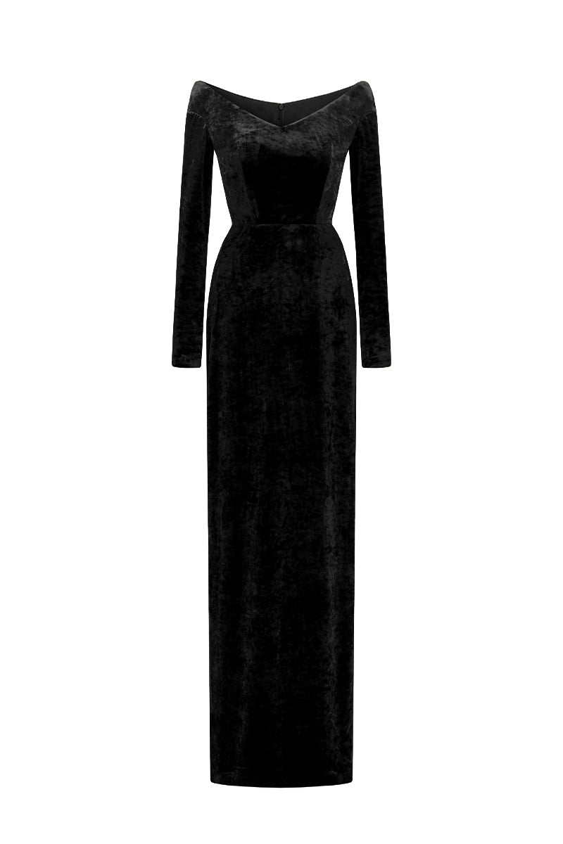 Long Sleeves Off-Shoulder Column Dress In Black Velvet
