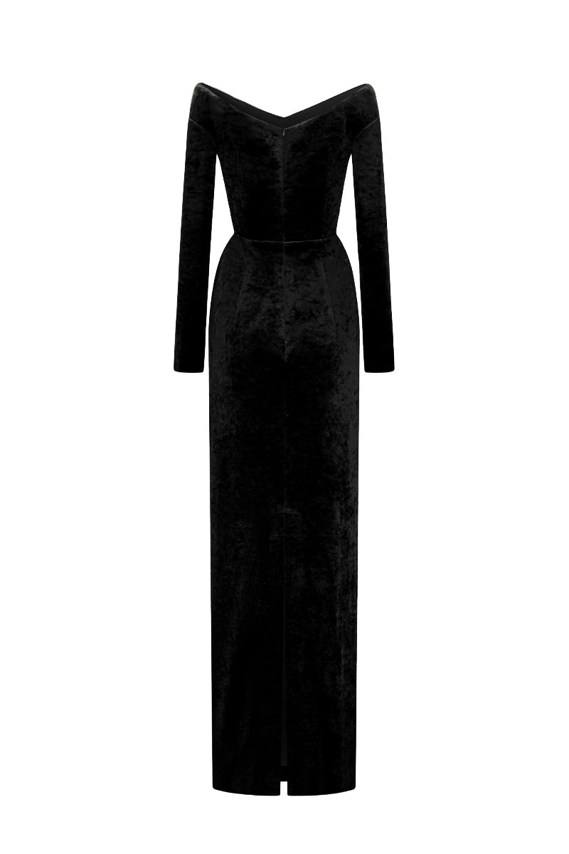 Long Sleeves Off-Shoulder Column Dress In Black Velvet