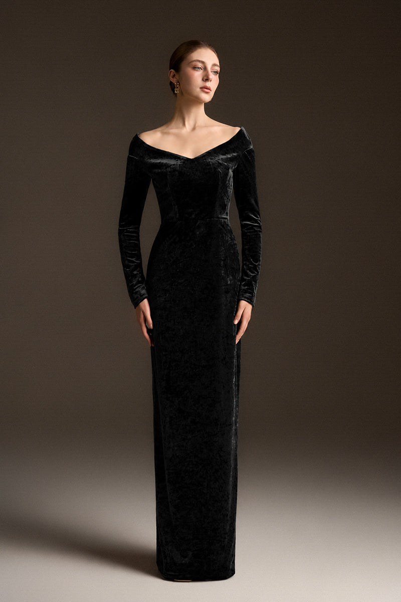 Long Sleeves Off-Shoulder Column Dress In Black Velvet