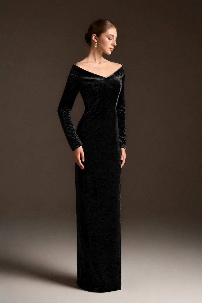 Long Sleeves Off-Shoulder Column Dress In Black Velvet