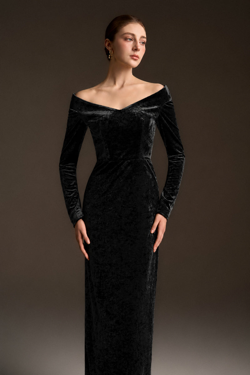 Long Sleeves Off-Shoulder Column Dress In Black Velvet