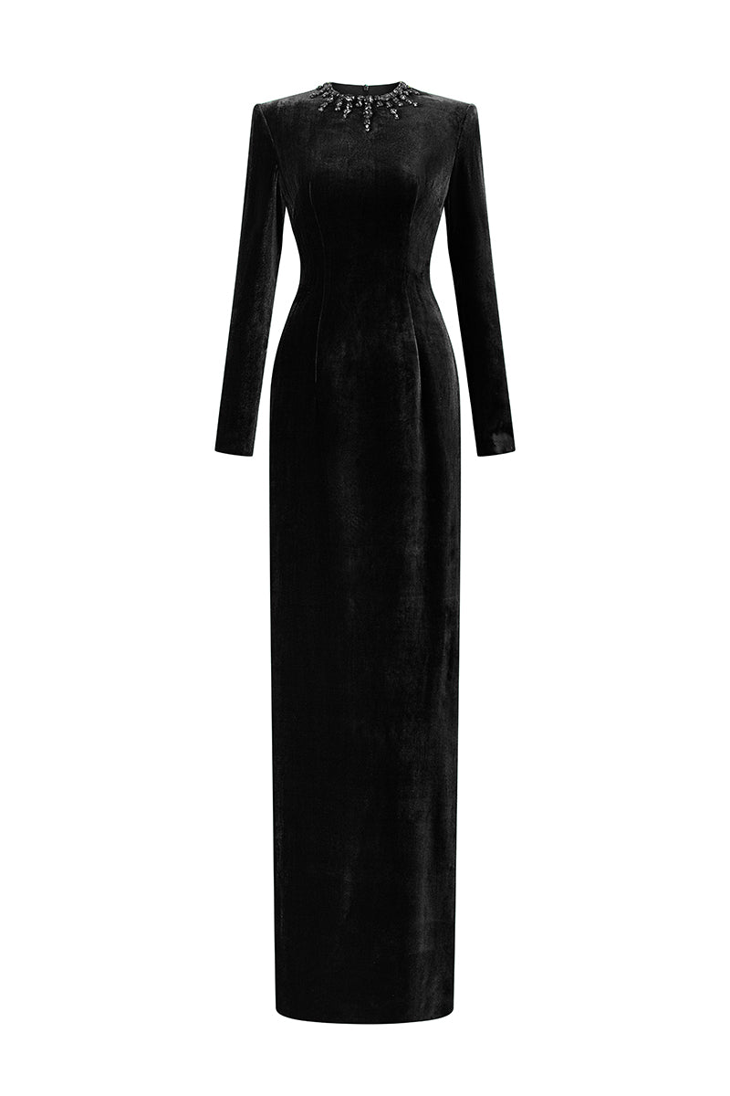Round Neck Column Velvet Gown With Long Sleeves