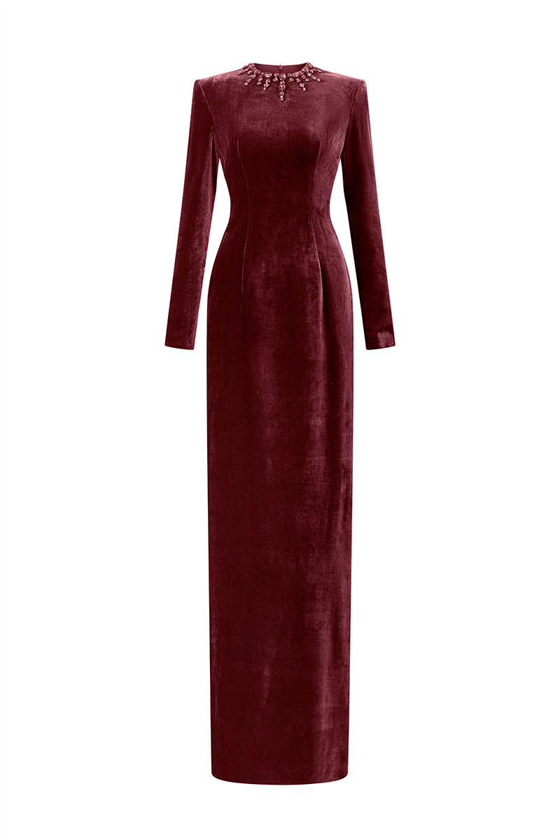 Round Neck Column Velvet Gown With Long Sleeves