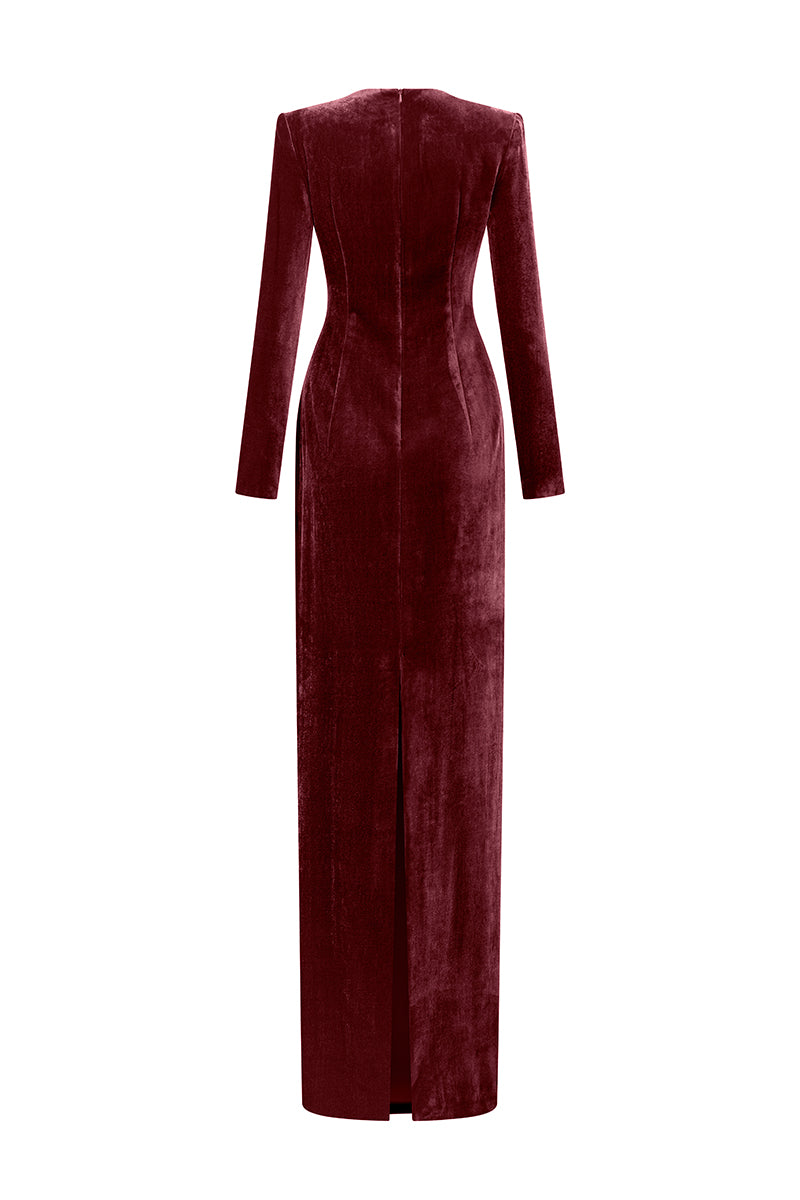 Round Neck Column Velvet Gown With Long Sleeves