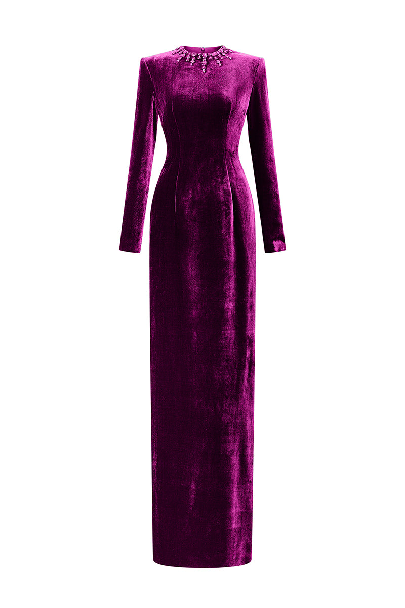 Round Neck Column Velvet Gown With Long Sleeves