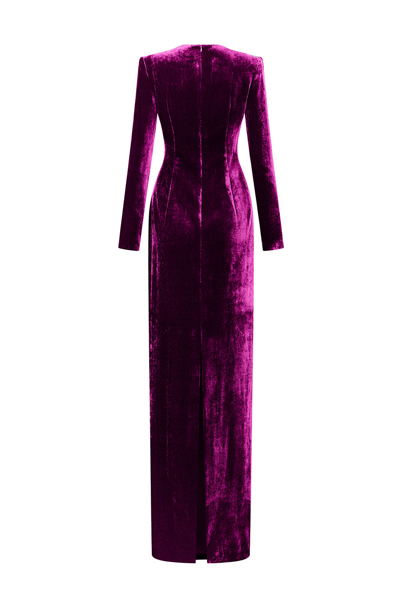 Round Neck Column Velvet Gown With Long Sleeves