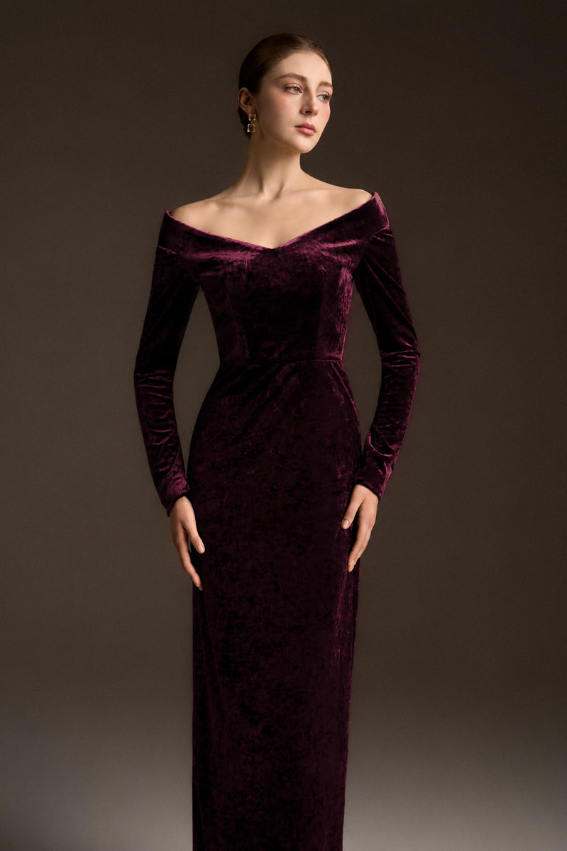 Long Sleeves Off-Shoulder Column Dress In Dark Pink Velvet