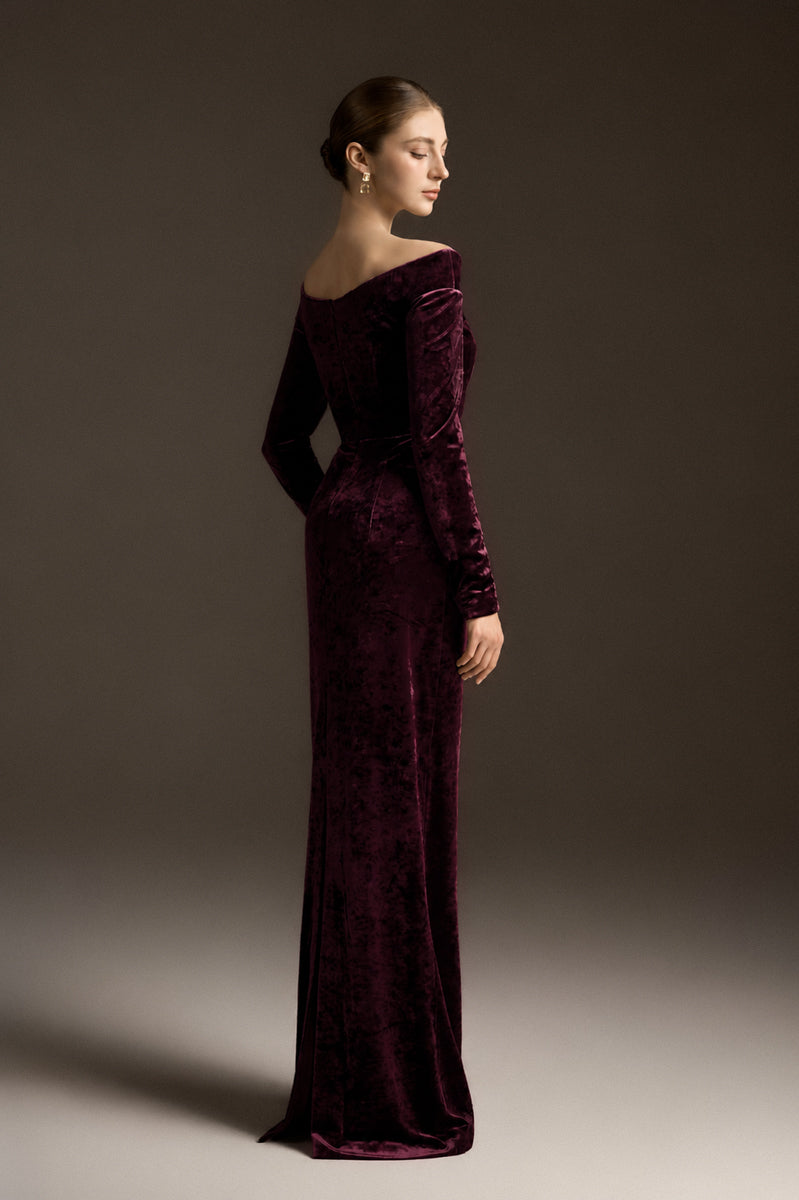 Long Sleeves Off-Shoulder Column Dress In Dark Pink Velvet