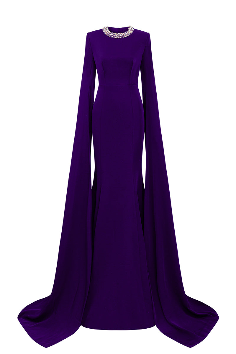 Mermaid Evening Gown With Round Neckline And Floor-Length Slit Sleeves