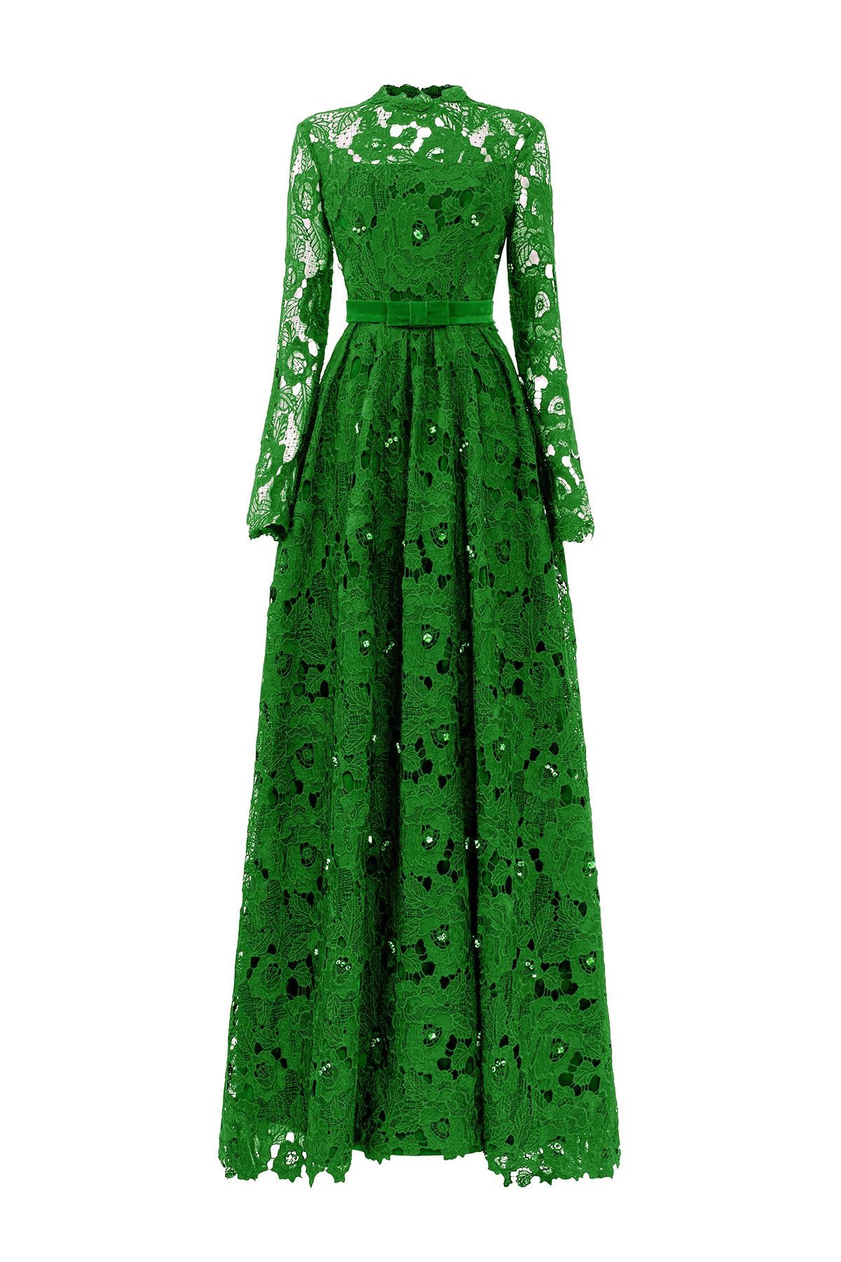 Green Pleated Lace and Velvet Gown