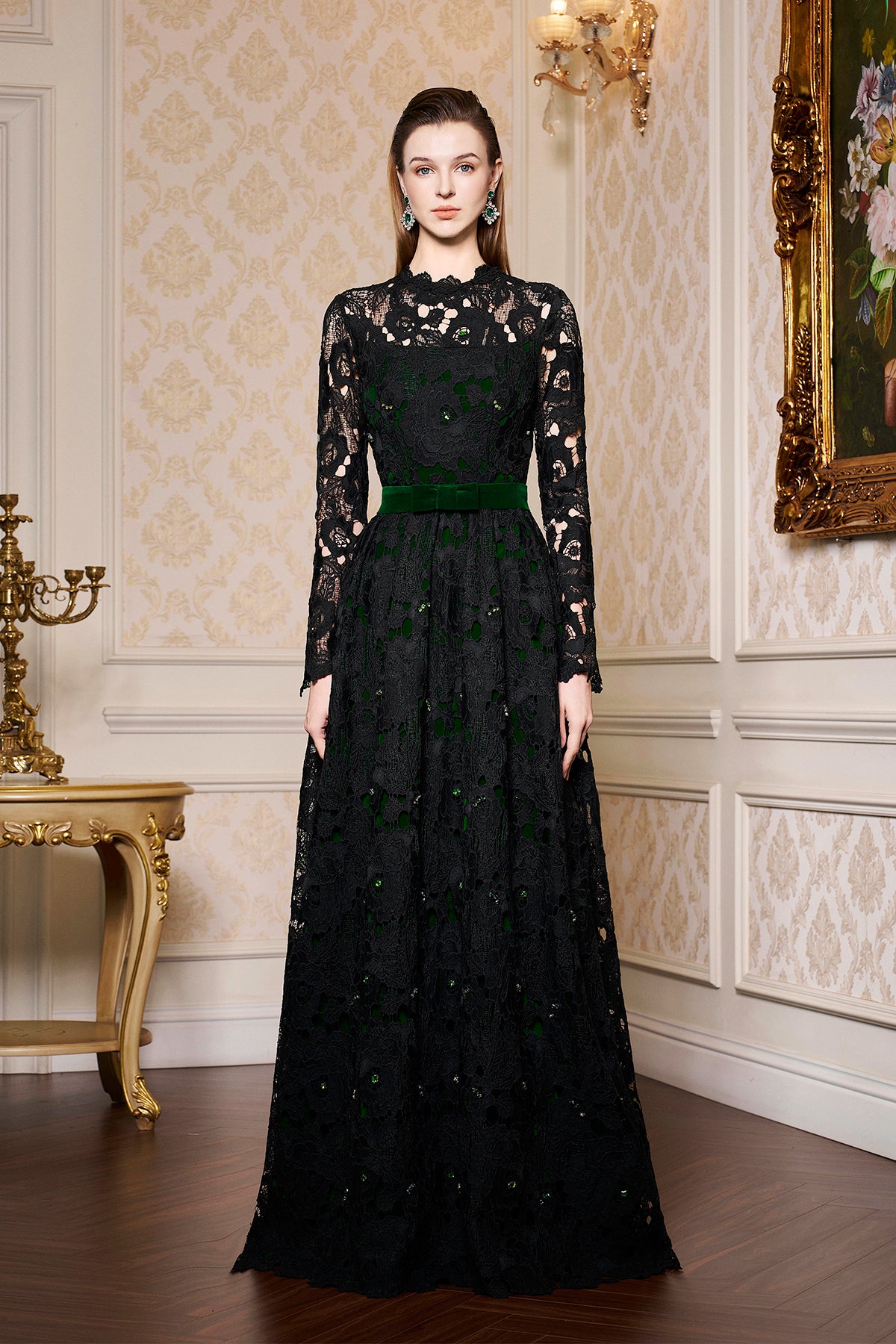 Pleated Lace and Velvet Gown