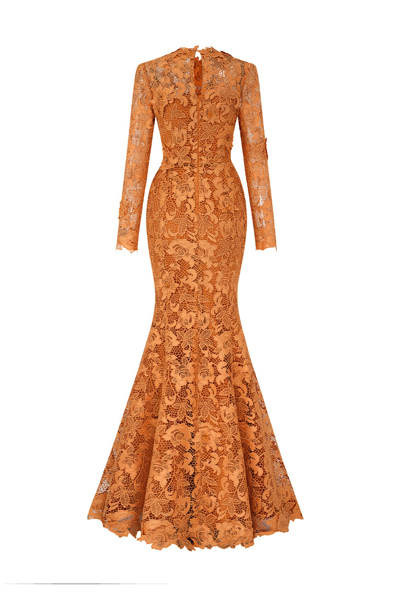 Round Neck Mermaid Gown With Long Sleeves In Dark Orange Guipure Lace