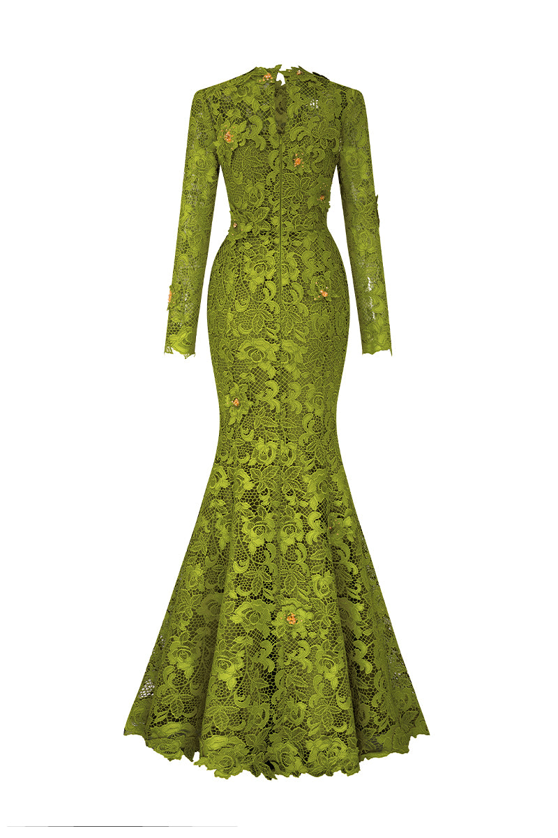Round Neck Mermaid Gown With Long Sleeves In Green Guipure Lace