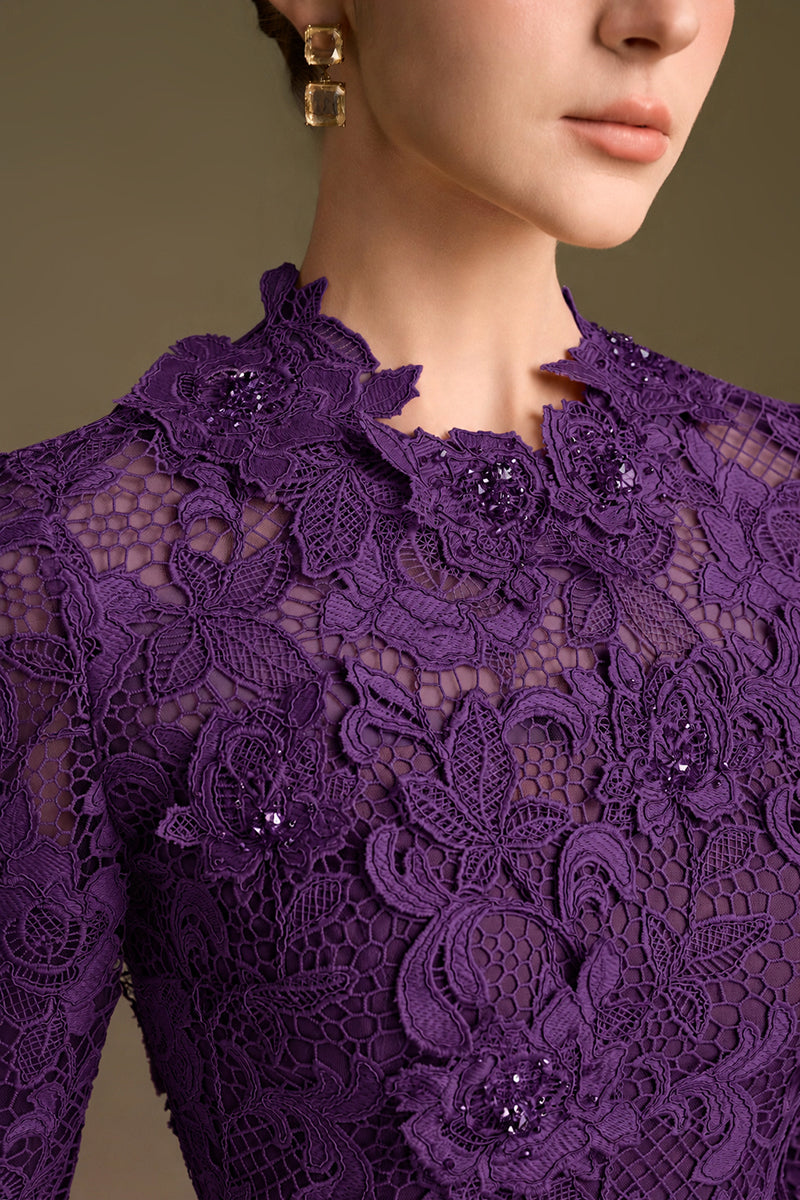 Round Neck Mermaid Gown With Long Sleeves In Dark Purple Guipure Lace