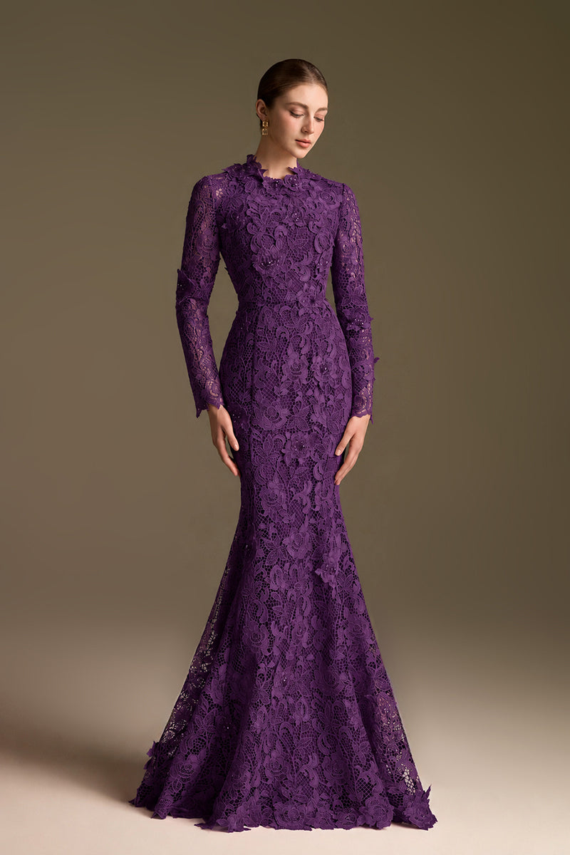 Round Neck Mermaid Gown With Long Sleeves In Dark Purple Guipure Lace