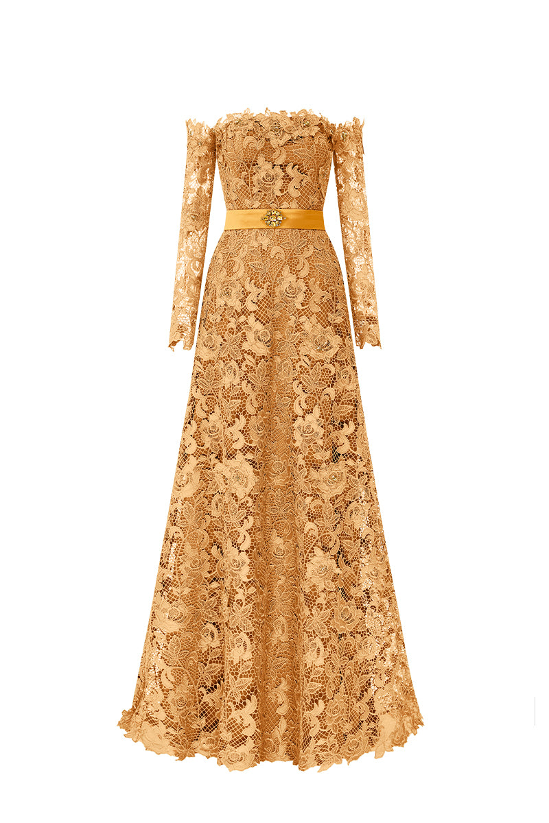 Yellow Long Sleeves Off-Shoulder A-Line Gown