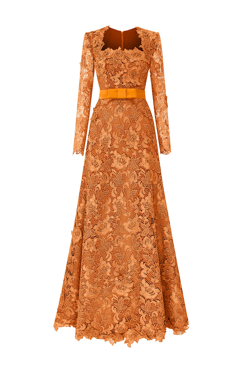 Trapeze Neck A-line Gown With Long Sleeves In Guipure Lace