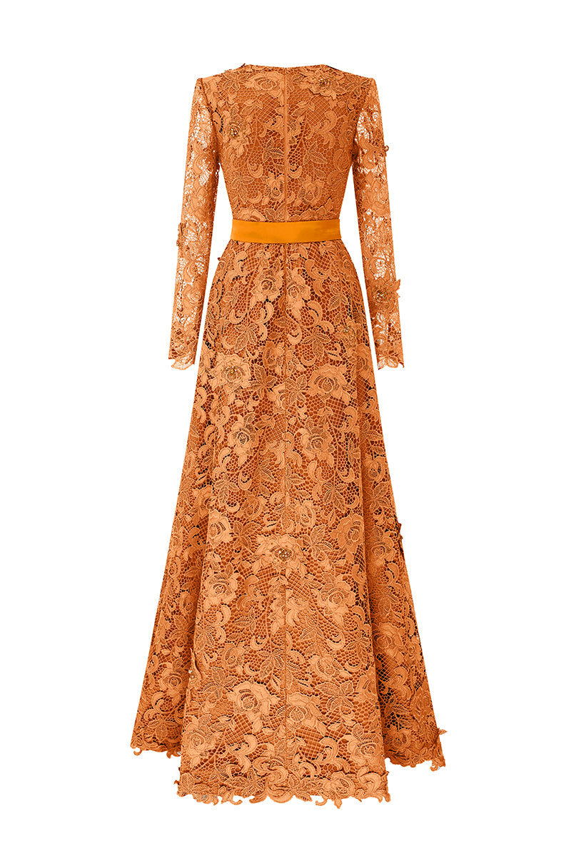 Trapeze Neck A-line Gown With Long Sleeves In Guipure Lace