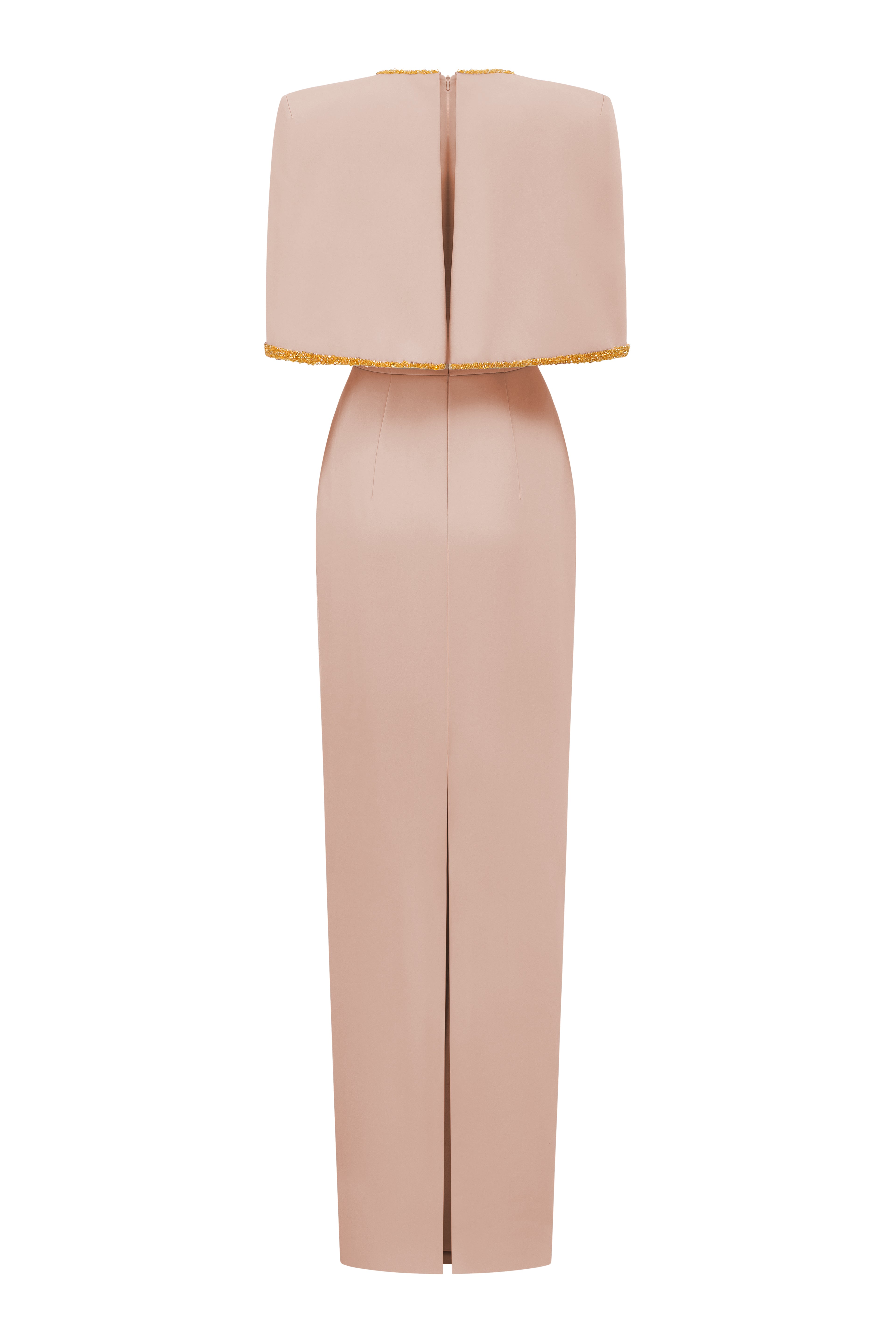 Beige Midi V-Neck Column Dress With Attached Cape Detail