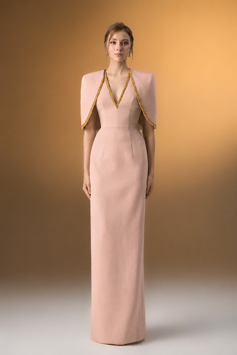 Beige Midi V-Neck Column Dress With Attached Cape Detail