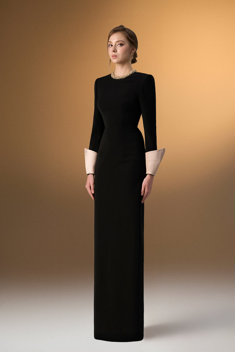 Black Crepe V-Neck Tie Dress And Silk Cuffs