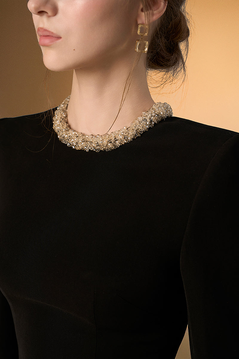 Black Crepe V-Neck Tie Dress And Silk Cuffs