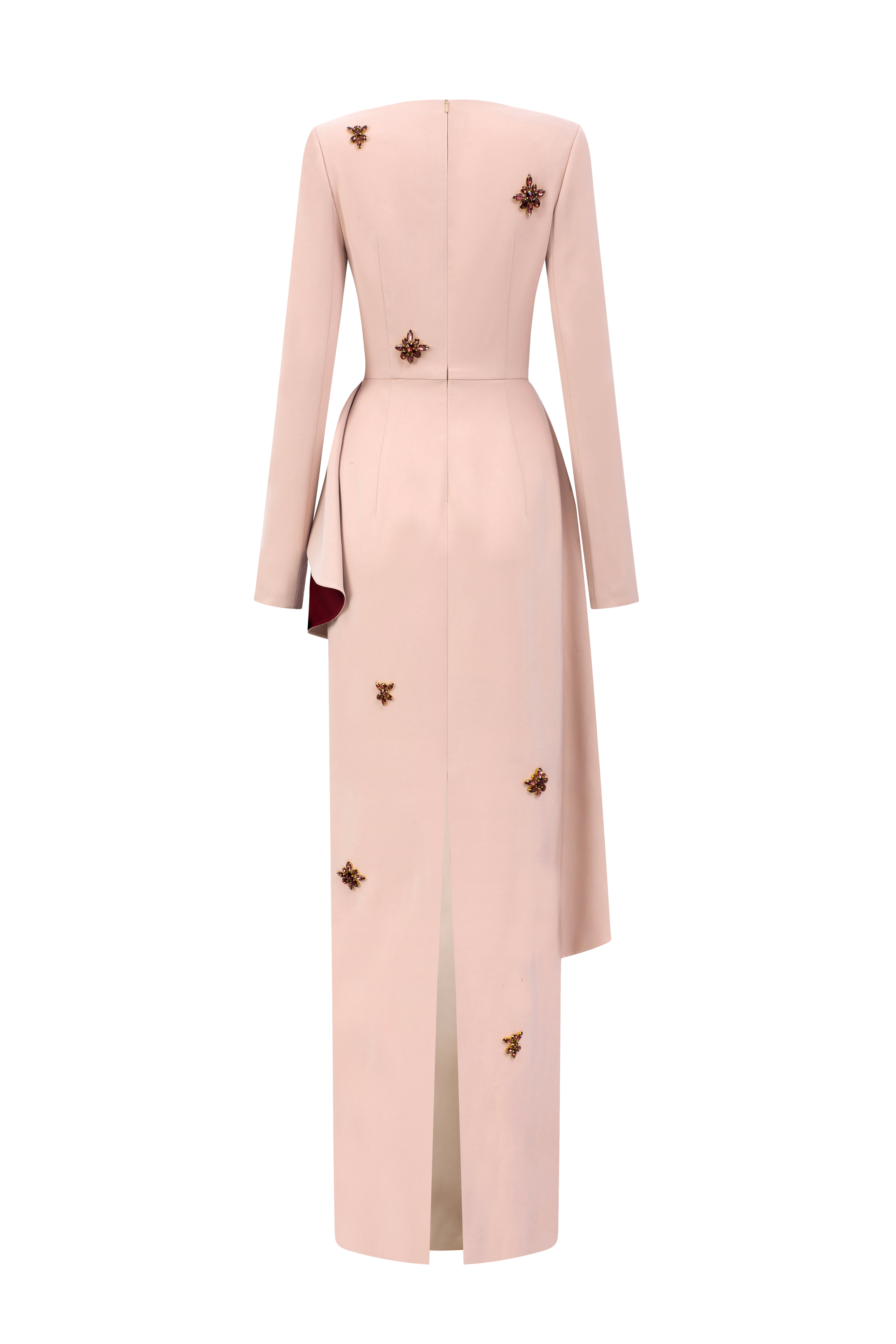 Beige Crepe Trapeze-Neck Tie Dress With Diagonal Hip Drape