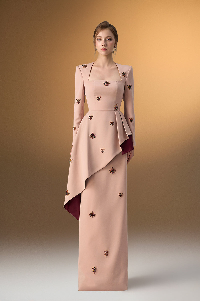 Beige Crepe Trapeze-Neck Tie Dress With Diagonal Hip Drape