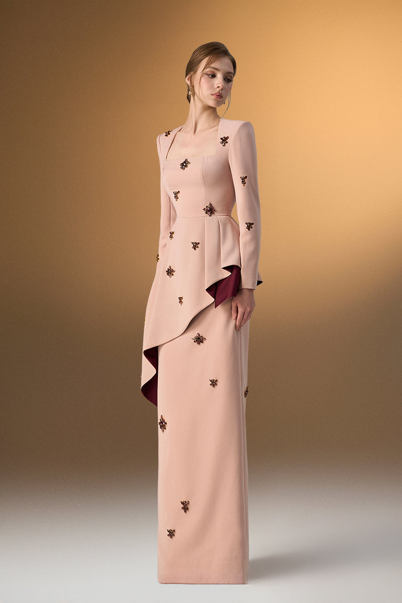 Beige Crepe Trapeze-Neck Tie Dress With Diagonal Hip Drape
