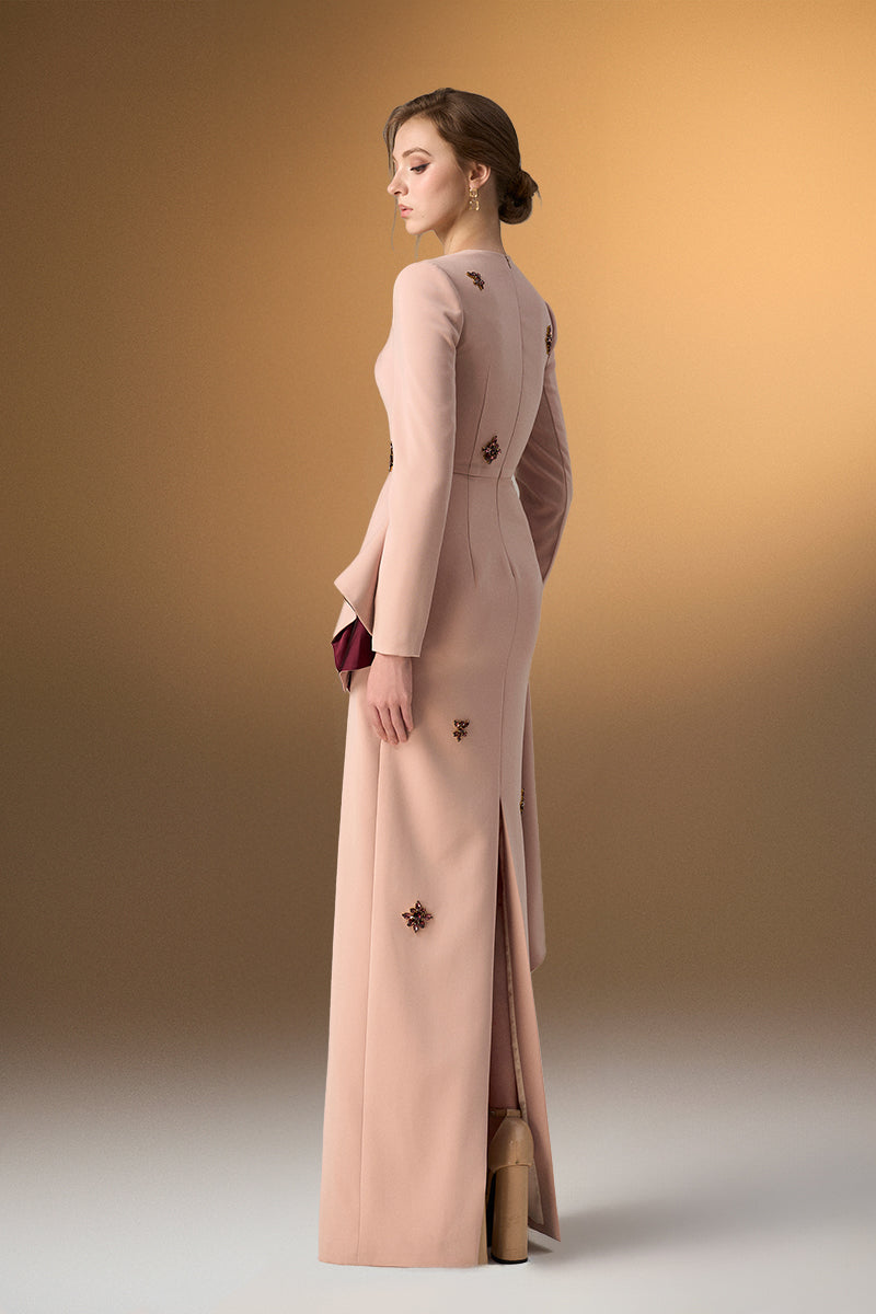 Beige Crepe Trapeze-Neck Tie Dress With Diagonal Hip Drape