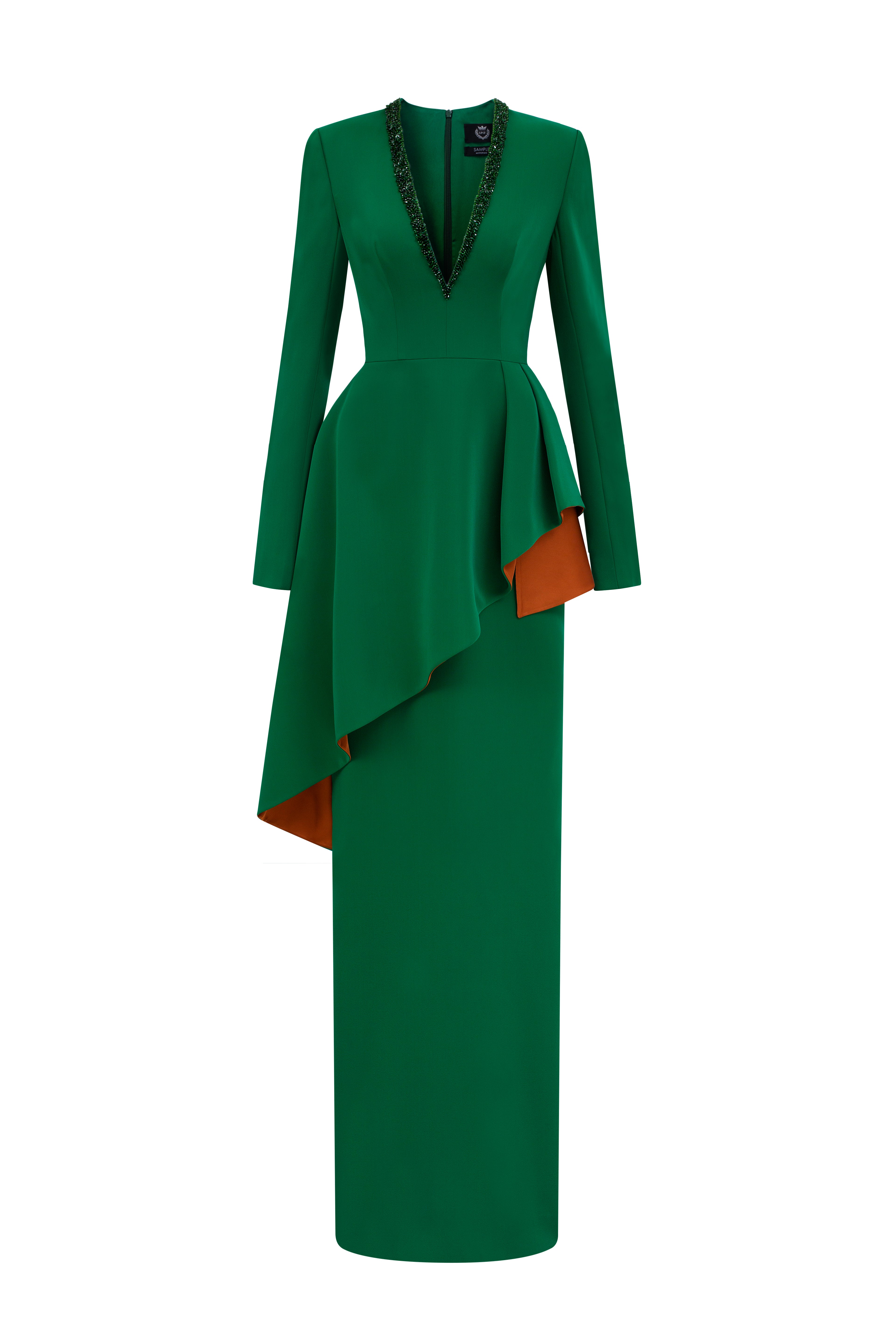 Green Crepe V-Neck Tie Dress With Diagonal Hip Drape