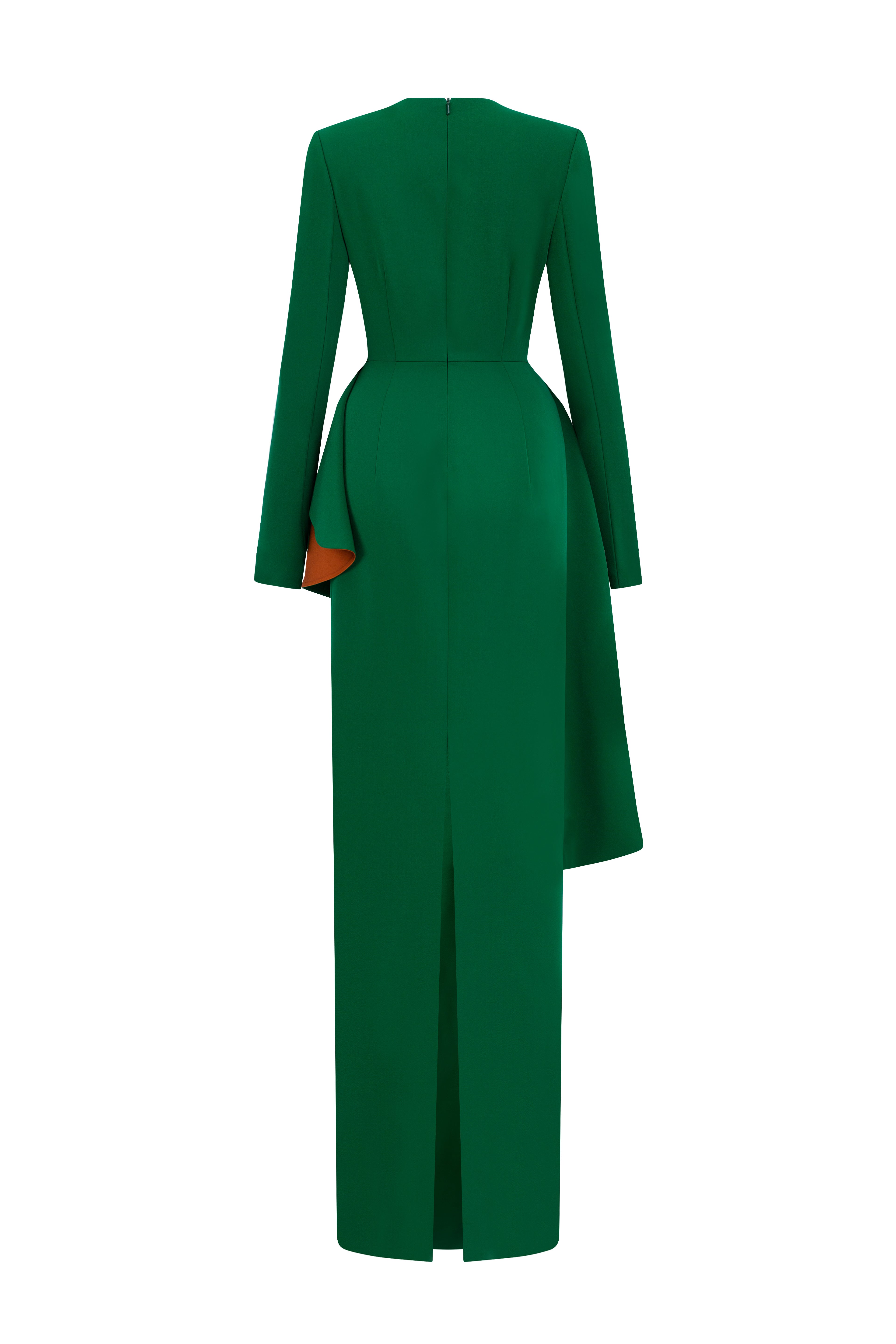 Green Crepe V-Neck Tie Dress With Diagonal Hip Drape