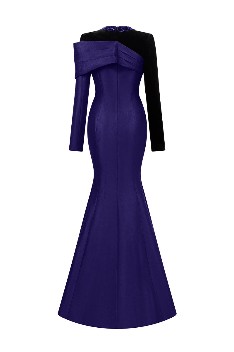 Round Neck Mermaid Gown With Asymmetric Sleeves