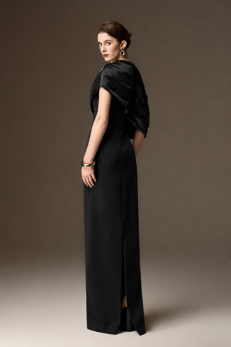 Round Neck Column Gown With Asymmetric Cape In Black Satin Silk And Black Crepe