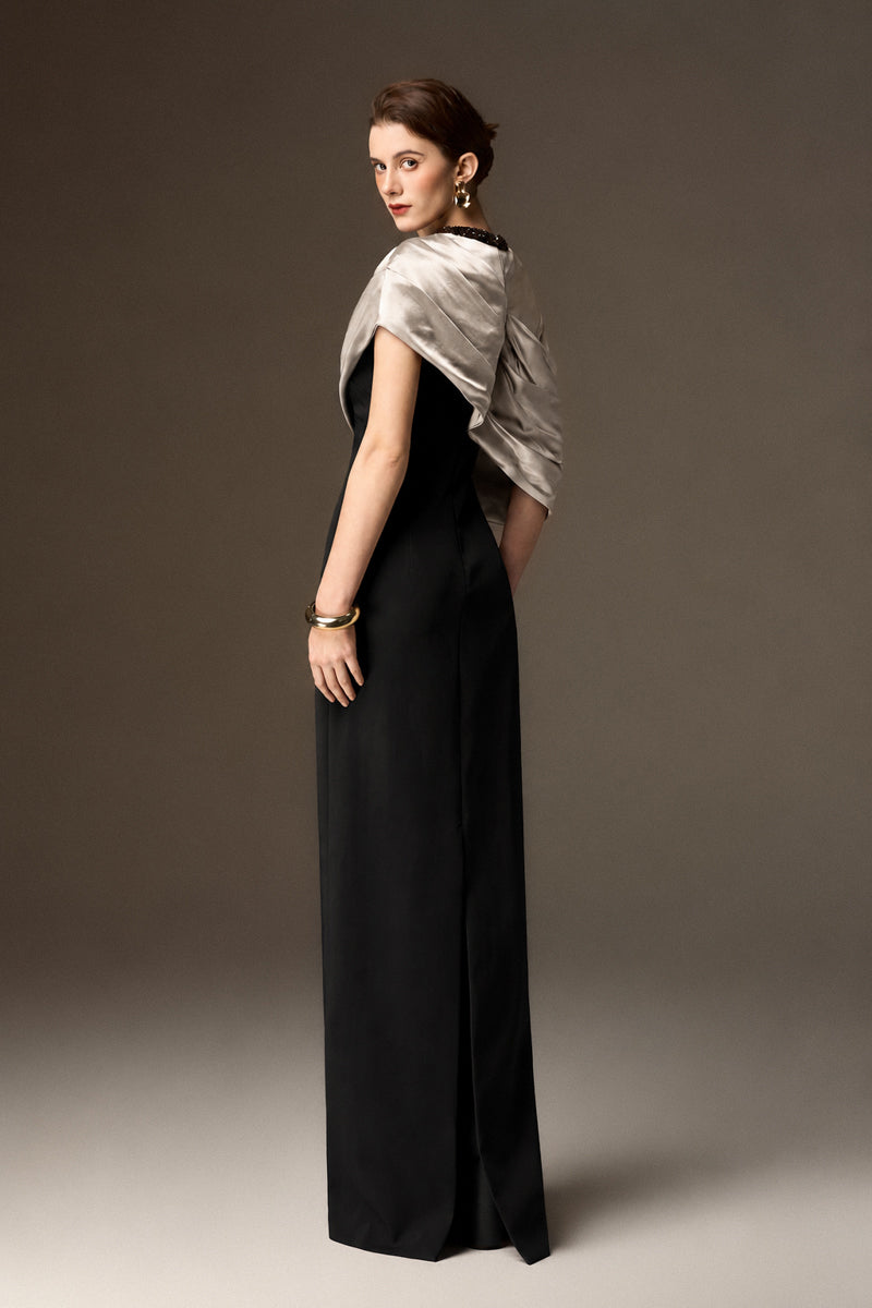 Round Neck Column Gown With Asymmetric Cape In Beige Satin Silk And Black Crepe