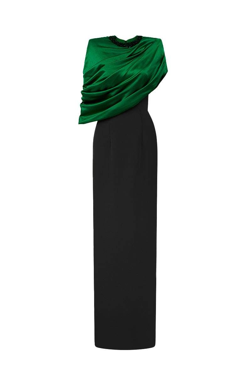 Round Neck Column Gown With Asymmetric Cape In Dark Green Satin Silk And Black Crepe