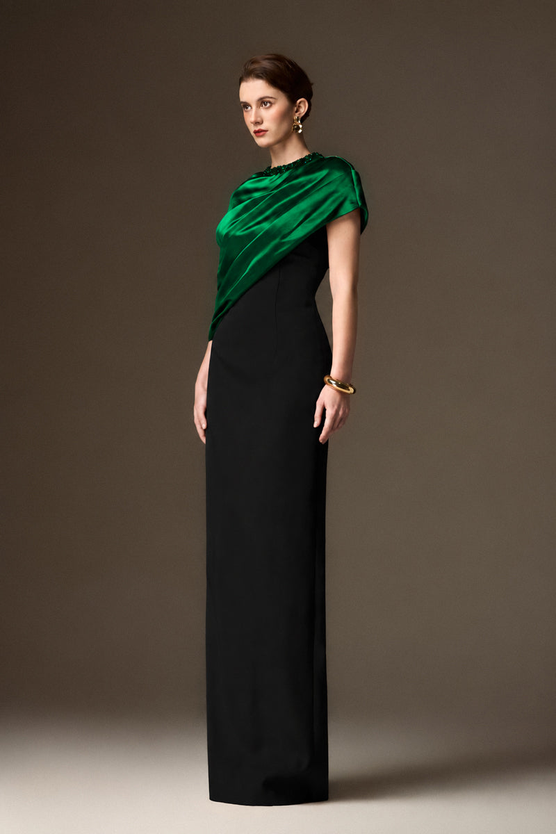 Round Neck Column Gown With Asymmetric Cape In Dark Green Satin Silk And Black Crepe