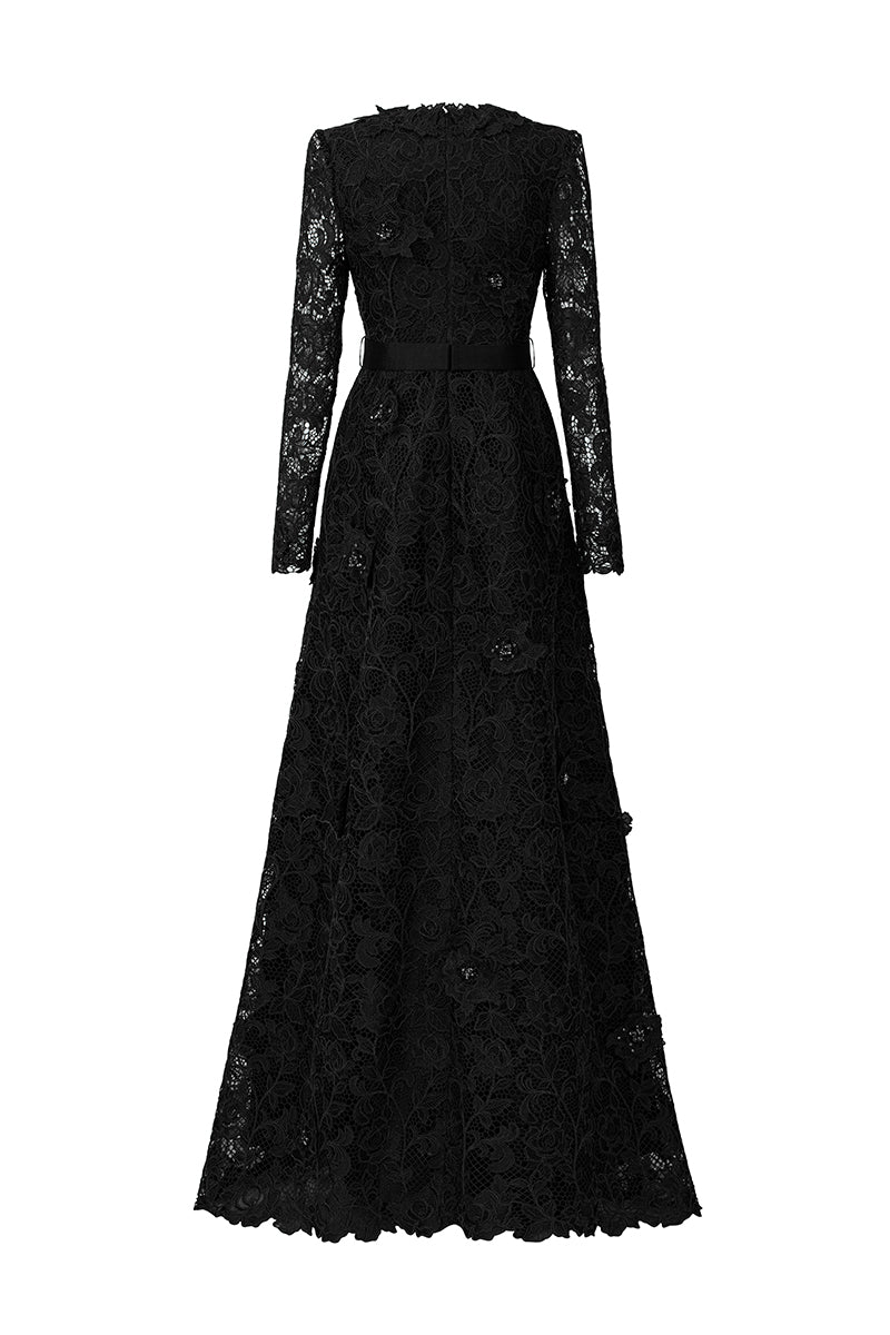 V Neck A-line Gown With Long Sleeves In Black Guipure Lace